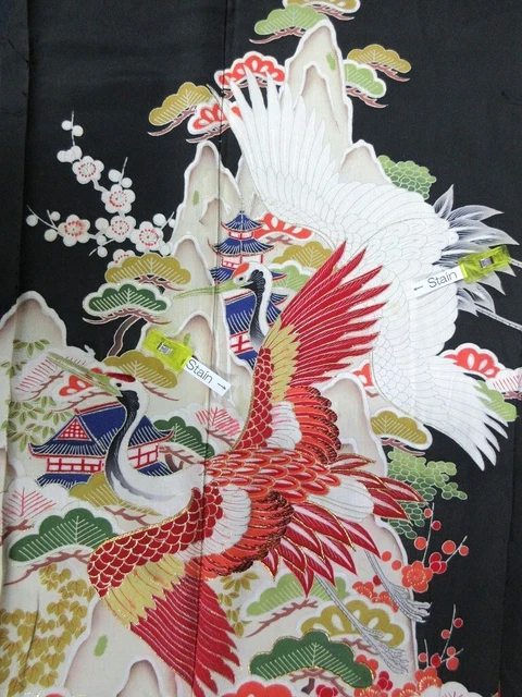 TF#74a40 Vintage Silk Tomesode Fabric Black Crane Birds 43.3x13.8in(110x35cm)