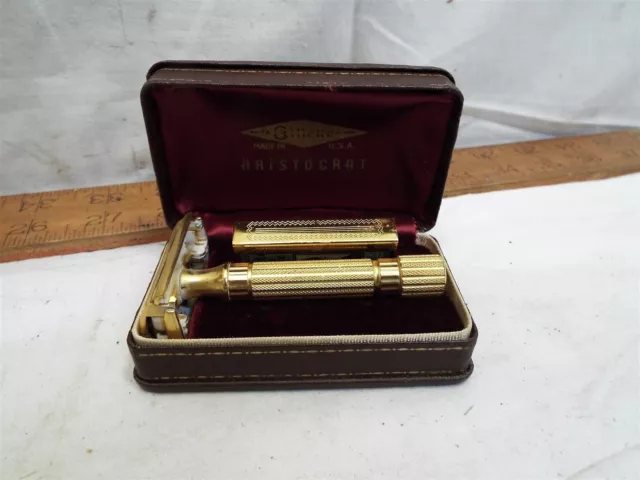 Vintage Gillette Gold Tone Aristocrat Safety Razor with Case Blade Holder