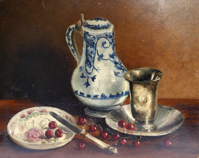 TABLEAU PEINTURE HUILE Nature Morte pichet Nevers timbale, XIXe EUR 100 ...