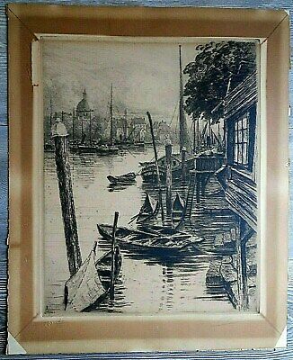 Gravure Eau Forte Charles PINET (1867-1932) Paysage port marine