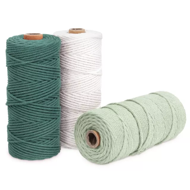 3x Hilo de algodón para macramé de 3 MM para tejer adornos en blanco y verde