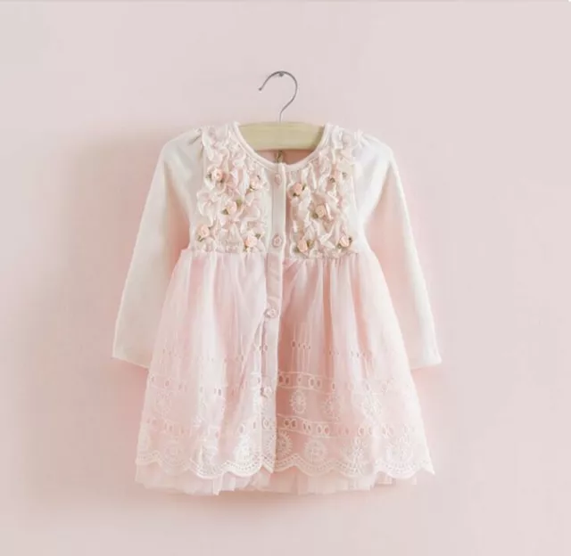 Neu Spitze Blume Langarm Party rosa Baby Mädchen Kleid Kinder Hochzeitskleidung UK