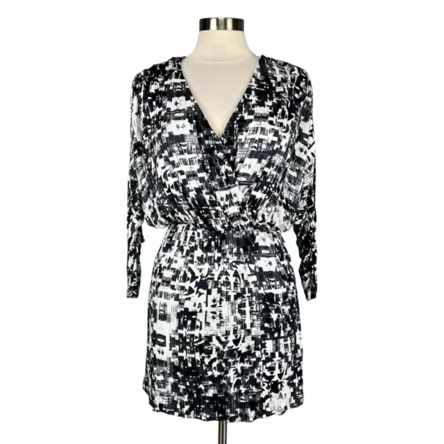 Parker Catalina Womens Faux Wrap Mini Dress Black White Gazette Print size S