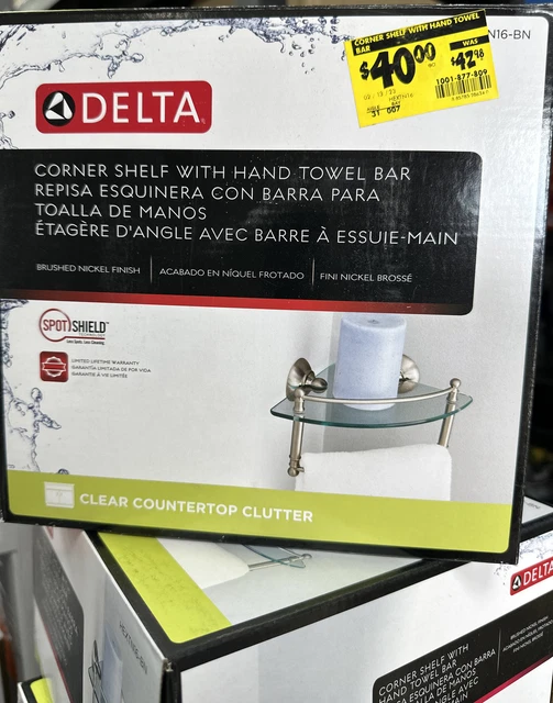 Estante de esquina de baño de vidrio Delta HEXTN16-BN 8" con barra de toalla de mano níquel cepillado