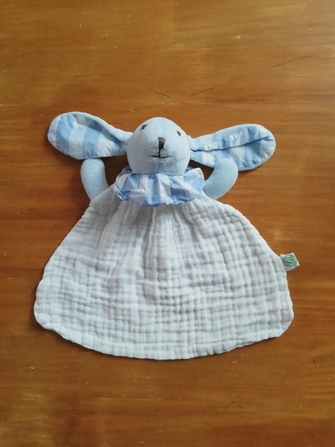 O/ Doudou Bouchara Eurodif Lapin Plat Blanc Bleu Carreaux Vichy Lange