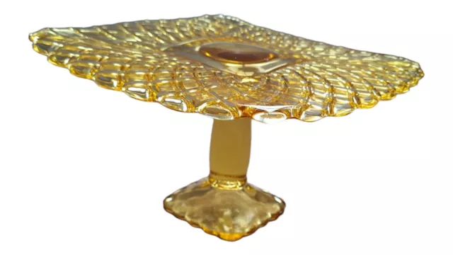LE Smith Rare Yellow Depression Glass Pedestal Cake Stand Trellis 2