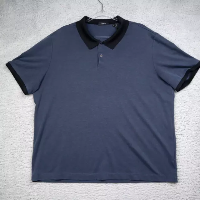 Theory Polo Shirt Mens 2XL Short Sleeve Cotton Blend Blue Black Contrast Collar