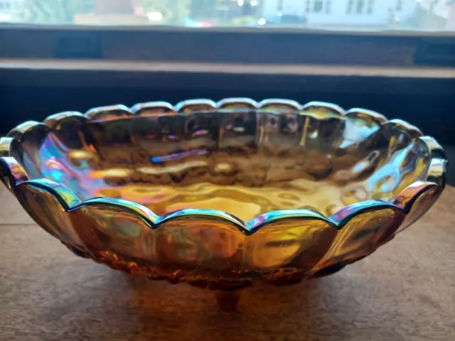 Vintage Indiana Iridescent Carnival Glass Fruit Harvest Grape Amber Footed Bowl