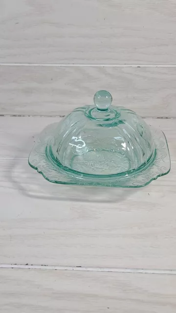 Vintage MADRID Indiana Depression Glass Covered Butter Cheese AQUA Green