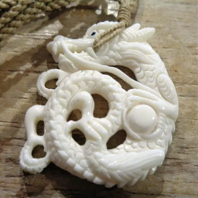 39Mm Carved Curled Asian Dragon Water Buffalo Bone Pendant Necklace 27" Adj #2
