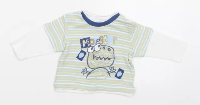 Tiny Ted Boys Beige Striped Cotton Basic T-Shirt Size 0-3 Months Round Neck