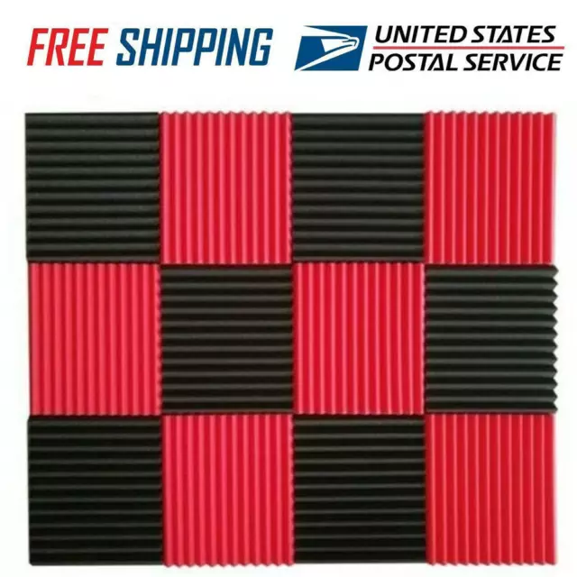 12/96PCS Black/Red Acoustic Foam Panel Wedge Studio Soundproofing Wall Tiles US 2