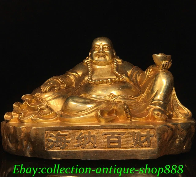 Tibet Bronze Gilt Buddhism Happy Laugh Maitreya Buddha Money Bag Wealth Statue