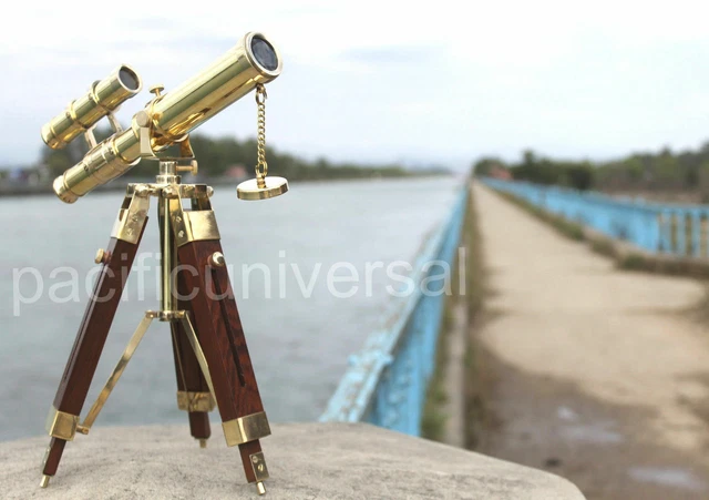 Nautical Solid Brass Double Barrel Telescope With Wooden Tripod Best Look Item