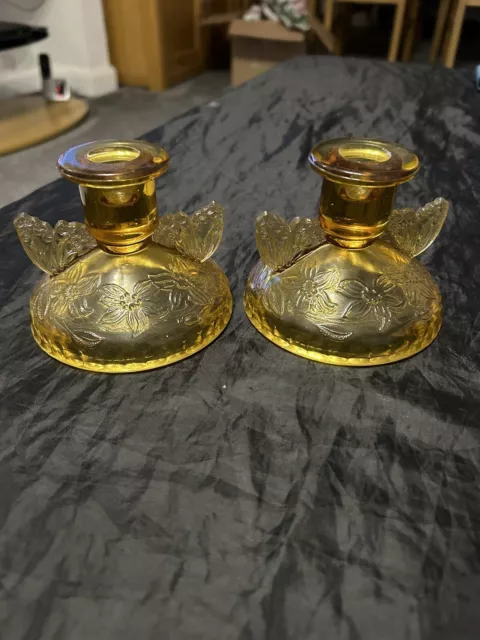 Pair Vintage Sowerby Amber Glass Butterfly Candlestick Art Deco 1930s