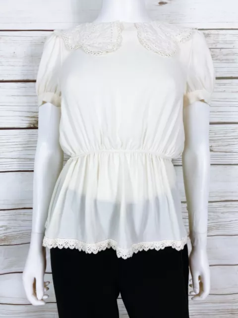 Joa+ Womens Peplum Blouse Ivory S Lace Crochet Collar Accents Short Sleeve Top