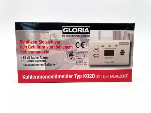 Gloria® Kohlenmonoxidmelder Typ K02D mit Digitalanzeige weiß Kohlenmonoxid Neu