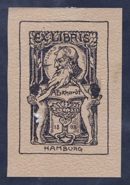 1898 Exlibris für A. Eckhardt / Hamburg Engel angels old man alter Mann