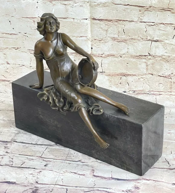 Art Nouveau Signed Miguel Lopez Sexy Woman with Tambourine Bronze Sculpture