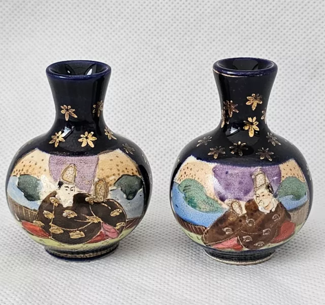 A Miniature Pair of Antique Japanese Satsuma Blue Ground Pottery Vases,