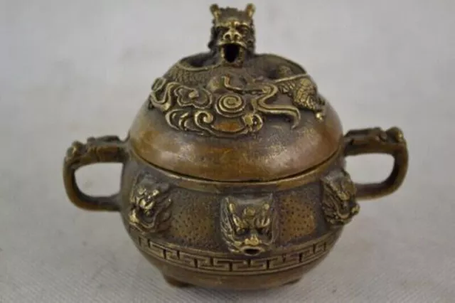 Antique folk collectable Old Bronze Incense Burner Lid w Dragon Censer Signed h8