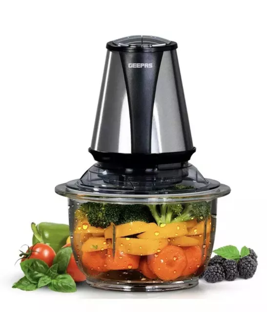 Geepas Multi Food Chopper Processor Meat Fruit Vegetable Mixer 1.2L Glass Jar