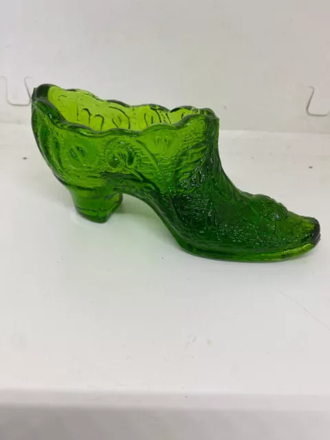 Glass Shoe Floral Dark Green Glass Excellent Condition!