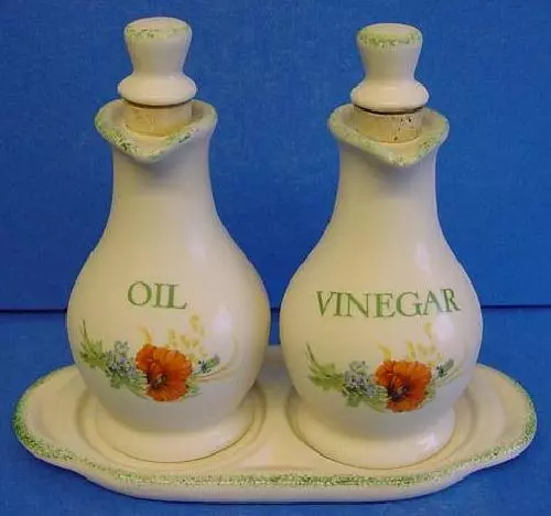 Kernewek Pottery Poppy Design Oil & Vinegar Cruet Set - Kitchen Cookery Dining