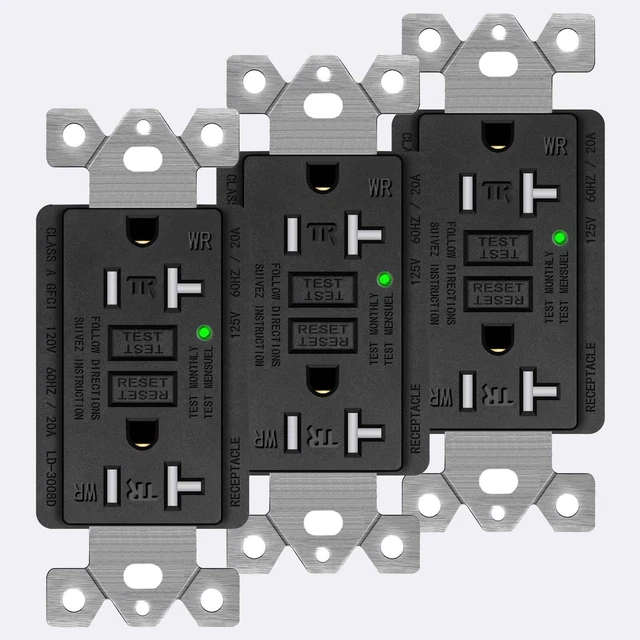 GFCI Outlet 20 Amp Tamper-Resistant LED Indicator with Plate Outdoor Black 3Pack