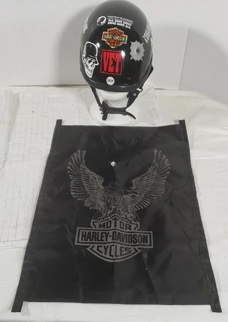 Harley Davidson Flat Top Helmet Black With Carrying Bag Size Large Stickers