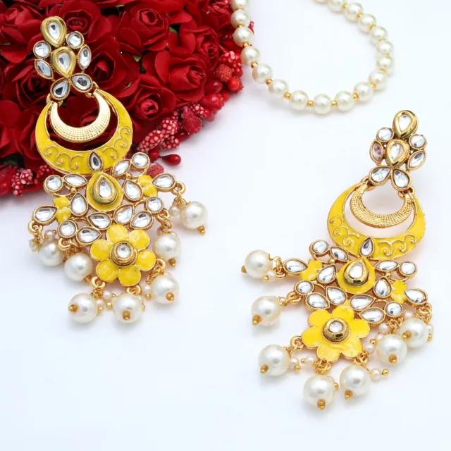 Indian Pearl Kundan Bridal Yellow Wedding Earring Jhumka Fashion Jewelry Set