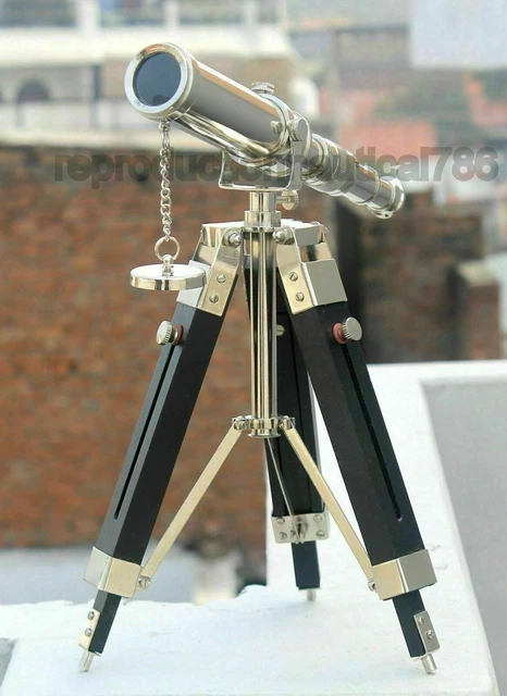Telescope W/Handmade Black Wooden Tripod Stand Brass Nautical Silver Desk Gift..