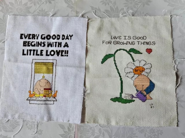 2  Vtg Completed "Ziggy" Cross Stitched Pieces Love Is Good~Begin Day With Love