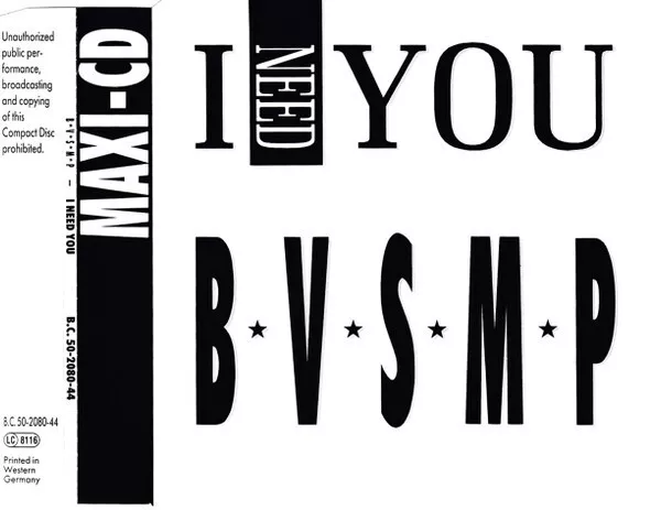 B.V.S.M.P. ‎– I Need You - Maxi CD Single © 1988