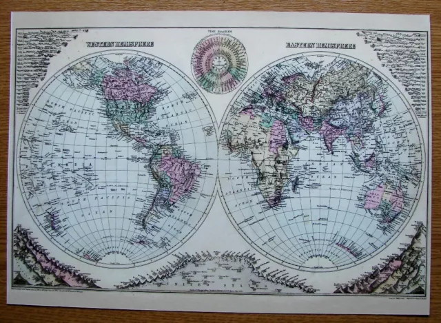 MAP BEAUTIFUL  12" x 8.5" REPRODUCTION ON CARD OF  WESTERN & EASTERN HEMISPHERES