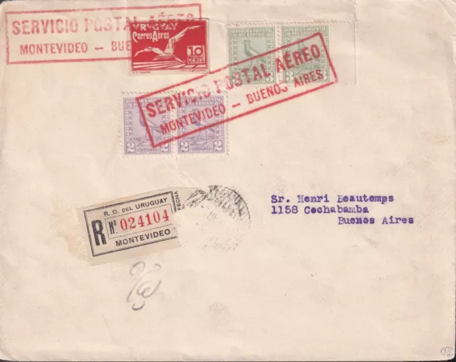 1926 URUGUAY REG AIRMAIL to ARGENTINA superb