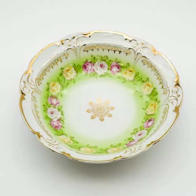 Antique Triple Crown China Scalloped Serving Bowl Roses Green Gold Germany 1910s