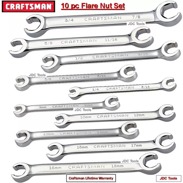 CRAFTSMAN TOOLS 10 pc SAE and MM Flare Nut Wrench Set 9-18 MM 1/4-7/8" SAE  9 5