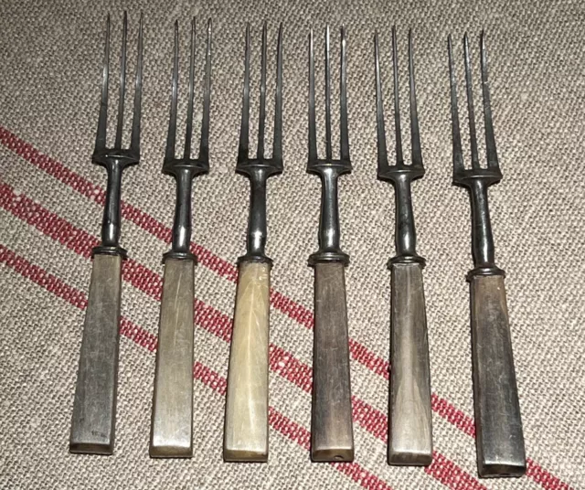 Rare Set of 6 Antique Primitive Horn Handled Forks 18th Century