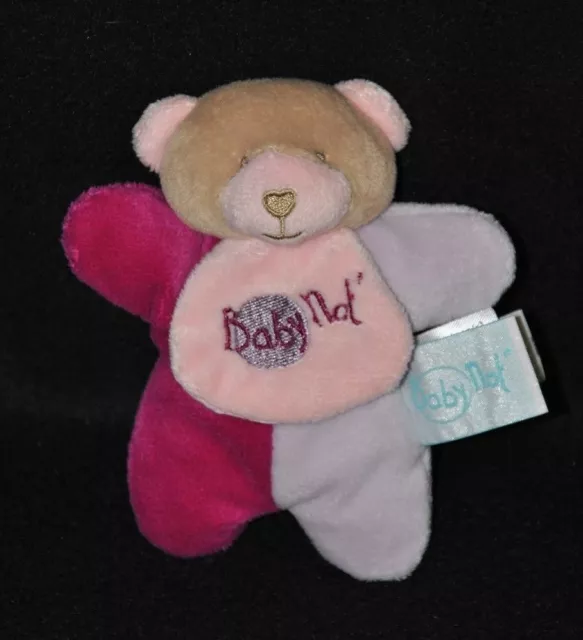 Peluche doudou ours musical BABY NAT' mauve violet parme bavette rose 14 cm TTBE