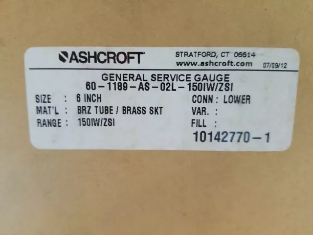 Ashcroft 60-1189-AS-02L-150IW/ZSI ,General Service Gauge, 6", Lower; New