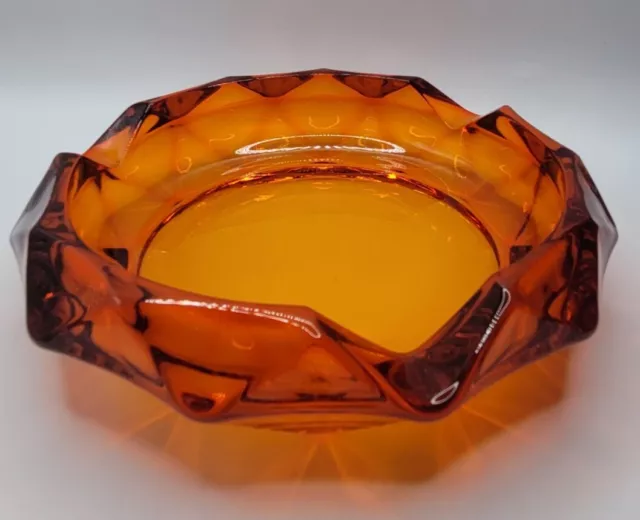 Viking MCM Glass Ashtray • Persimmon Amberina Atomic Orange • Diamond Cut • Vtg