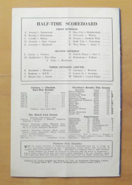 CHELSEA v CHARLTON ATHLETIC 1954/1955 *VG Condition Football Programme* 3