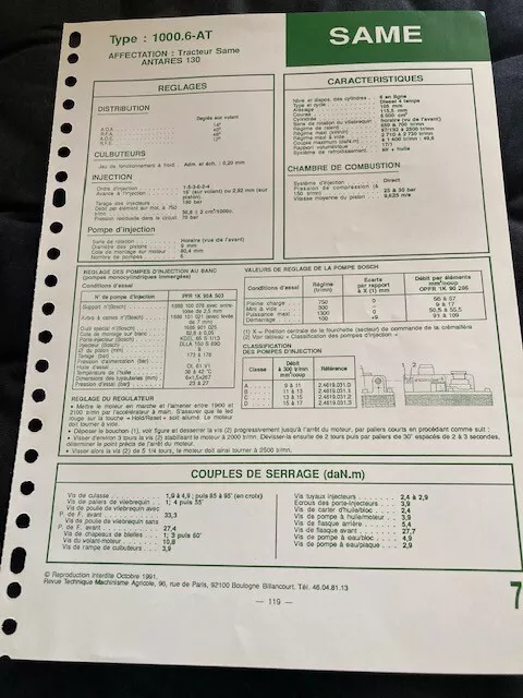 FICHE TECHNIQUE RTMA Moteur SAME 1000.6-AT  monté sur TRACTEUR SAME ANTARES 130