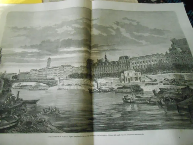 Gravure 1861 - Paris aspect des Quais de Grève - View of paris bridge Old Print