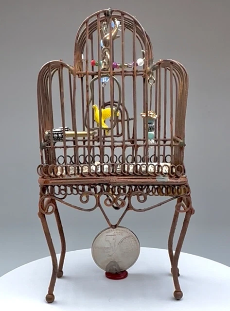 Miniature Bird Cage 1:12 Dollhouse (Bird +Toys+Newspaper Bottom Included) OOAK