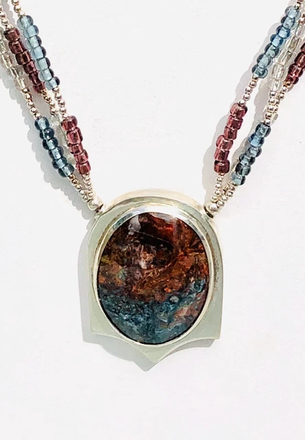 Necklace Set: Russian Pietersite Cab Silver Foil Glass Beads Sterling 21”long