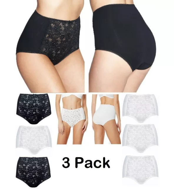 Ladies EX M&S 3 PACK Cotton Briefs FULL Lace Front High Rise Waist Knicker