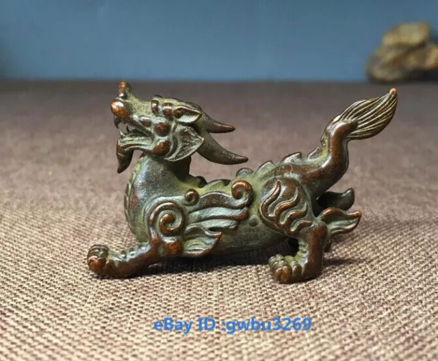 Vintage oriental Chinese bronze handwork carved Unicorn Dragon Statue 20502