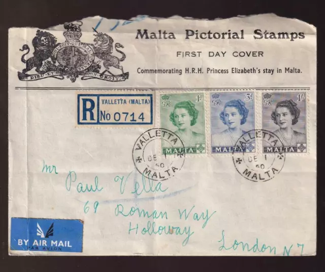 Malta 1950 Princess Elizabeth Visit, registered FDC airmail to London sc#229-231